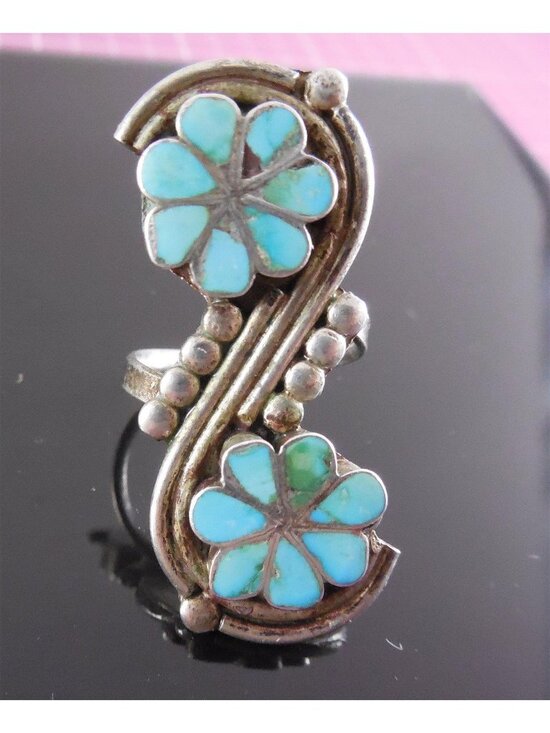 Jewelry - Vintage Zuni Virgil Dishta Sr. Sterling Silver Turquoise Flower Inlay Ring